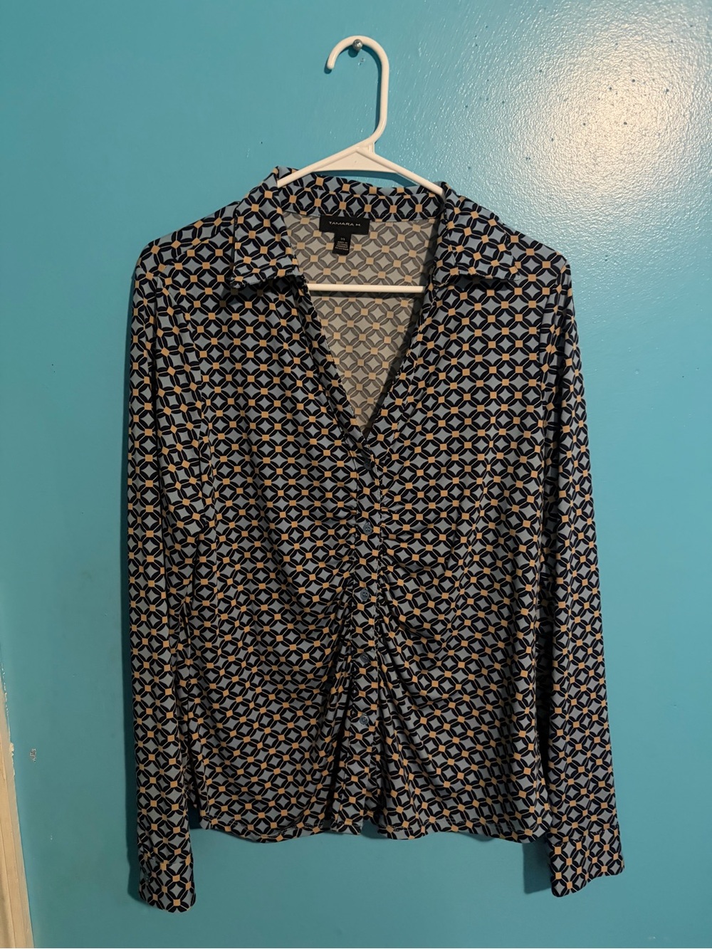 Tahari Navy Blue Geometric Long Sleeve Blouse